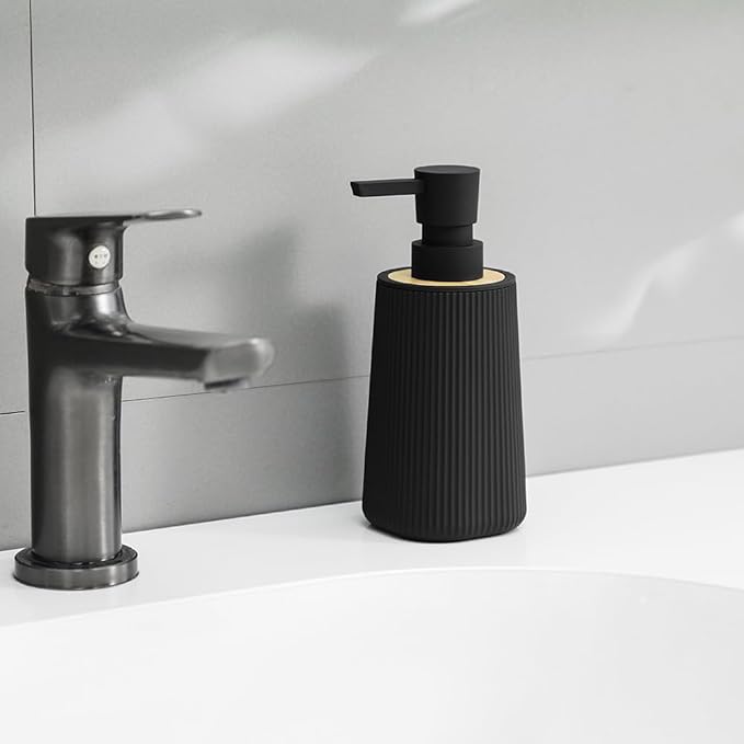 Small Soap Dispenser for Bathroom and Kitchen, Modern Farmhouse Striped Style Plastic Hand Soap Dish Soap Dispenser with Bamboo Decor Black - Image 2