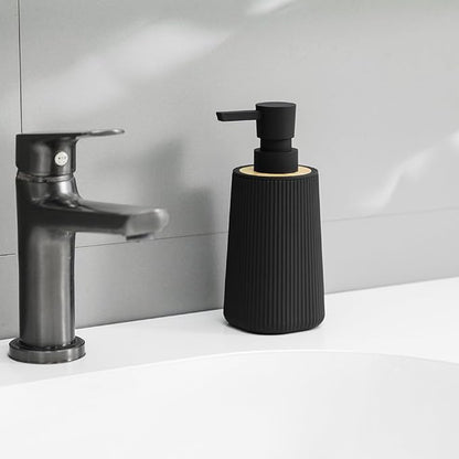 Small Soap Dispenser for Bathroom and Kitchen, Modern Farmhouse Striped Style Plastic Hand Soap Dish Soap Dispenser with Bamboo Decor Black - Image 2