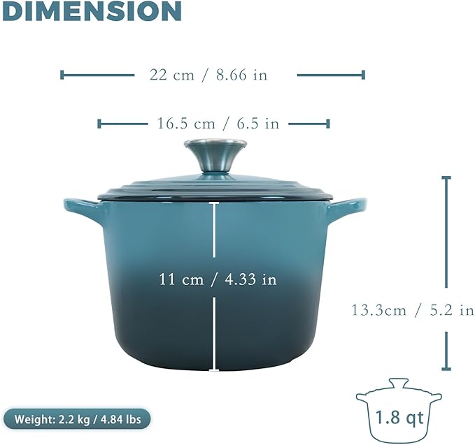 Flavehc Dutch Oven Pot with Lid 1.8 qt Cast Iron Dutch Oven for Bread Baking Slateblue Enameled Cast Iron Rice Pot with Handels - Image 4