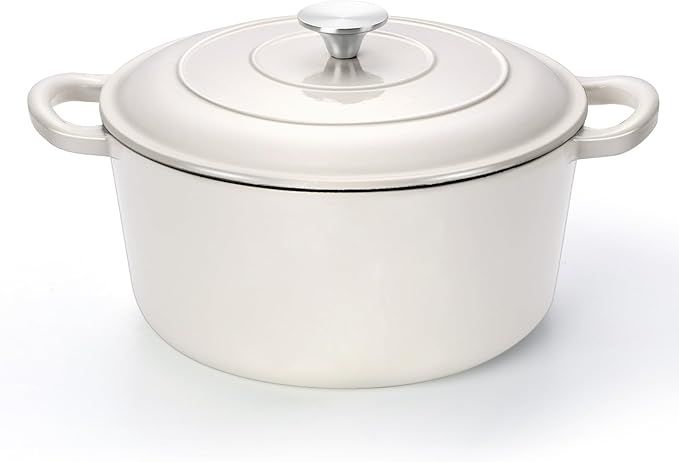 TeamFar 6Qt Dutch Oven, Enameled Cast Iron Dutch Oven Pot with Lid & Dual Handles for Bread Baking, Cooking, Simmer, Non Toxic & Heavy Duty, Oven Safe & Various Stovetops Suitable - Cream White by TeamFar