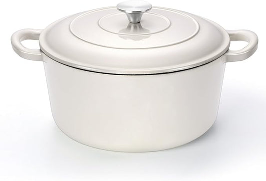 TeamFar 6Qt Dutch Oven, Enameled Cast Iron Dutch Oven Pot with Lid & Dual Handles for Bread Baking, Cooking, Simmer, Non Toxic & Heavy Duty, Oven Safe & Various Stovetops Suitable - Cream White by TeamFar