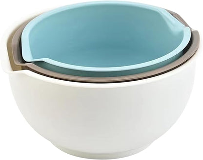 Set of 3 Mixing Bowls with Pour Spout-Nesting Design Saves Space - Non-Slip, BPA Free, Dishwasher Safe Plastic - Kitchen Cooking and Baking Supplies (Blue Grey white) by Cheeren