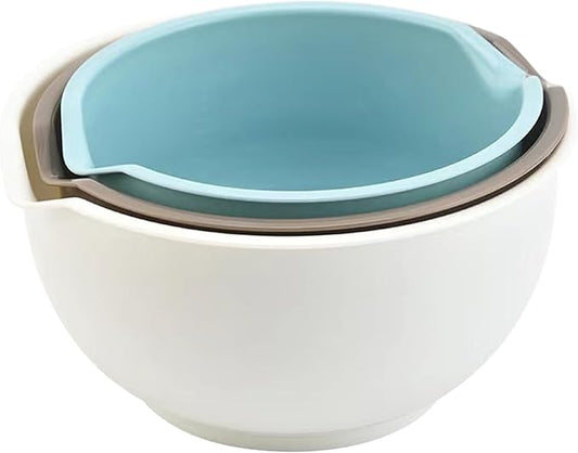 Set of 3 Mixing Bowls with Pour Spout-Nesting Design Saves Space - Non-Slip, BPA Free, Dishwasher Safe Plastic - Kitchen Cooking and Baking Supplies (Blue Grey white) by Cheeren