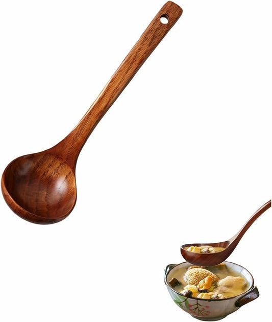 10" Premium Wooden Spoon for Cooking, Natural Teak - Non Drip, Heat Resistant & Comfort Grip, Handmade Smooth Wood Soup Spoon for Stirring, Serving, Non Stick Pots/Hot Soups and Broths by SAYUANVA