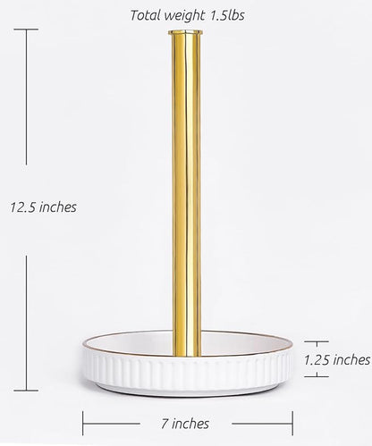 VROOMIUM Gold Paper Towel Holder Countertop, Ceramic Base Easy-to-Clean, 1.5 lbs, 7" B x 12.5" H, Stable Elegant and Durable Kitchen Roll Stand