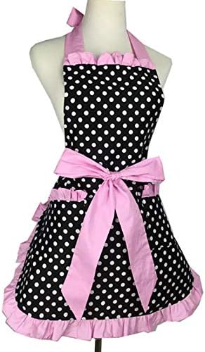 Hyzrz Cute Apron Retro Black Polka Dot Retro Ruffle Side Vintage Cooking Aprons with Pockets for Women Girls (Side Pink)