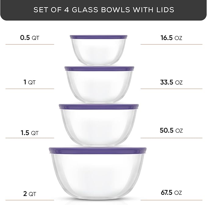 JoyJolt Very Peri 8pc Glass Mixing Bowls with Lids Set - Large Nesting Bowls, 2 Qt, Durable, Dishwasher & Microwave Safe - Image 2