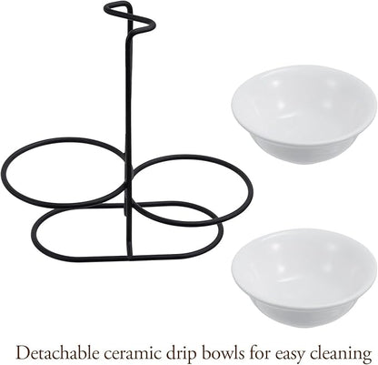 MyGift Countertop Ceramic Spoon Rest with Matte Black Metal Stand, Upright Ladle Holder Rack with 2 Bowl Dish