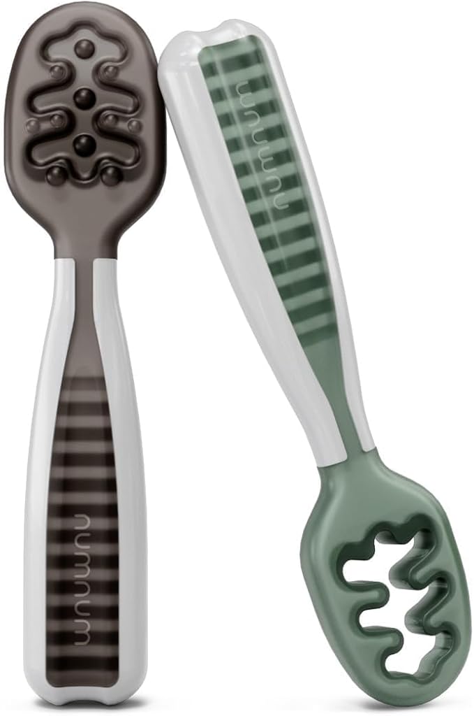 NumNum Baby Spoons Set, Baby Essentials Pre-Spoon GOOtensils for 6+ Months, First Stage Self-Feeding Spoons for Baby Led Weaning (BLW), Silicone Toddler Utensils, BPA-Free, 2 Pack Gray/Green by NumNum