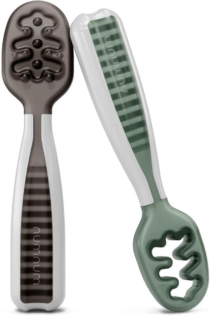 NumNum Baby Spoons Set, Baby Essentials Pre-Spoon GOOtensils for 6+ Months, First Stage Self-Feeding Spoons for Baby Led Weaning (BLW), Silicone Toddler Utensils, BPA-Free, 2 Pack Gray/Green by NumNum