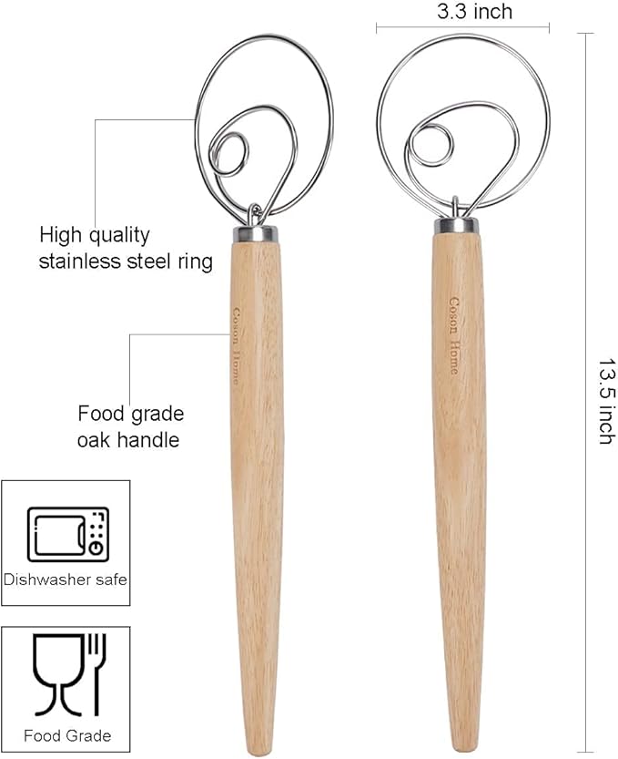 Pack of 2 Danish Dough Whisk, Kitchen Baking Flour Mixing Tool for Sourdough, Bread, Flour Paste, Butter, Pancake, Pizza, Cake, Pastry, Biscuits, Wooden Handle Stainless Steel Ring - Image 6