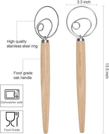 Pack of 2 Danish Dough Whisk, Kitchen Baking Flour Mixing Tool for Sourdough, Bread, Flour Paste, Butter, Pancake, Pizza, Cake, Pastry, Biscuits, Wooden Handle Stainless Steel Ring - Image 6