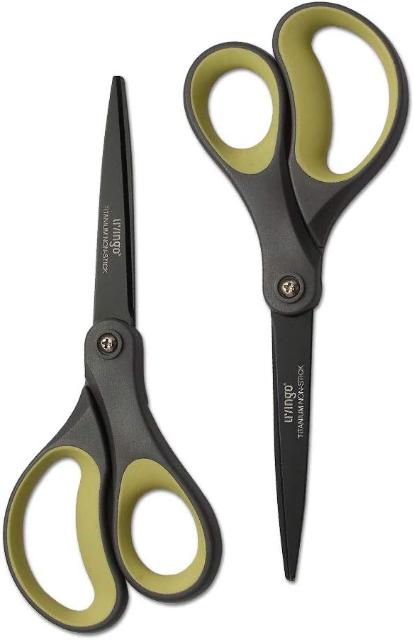 LIVINGO 2 Pack 8" Titanium Non-Stick Scissors, Professional Stainless Steel Comfort Grip, All-Purpose, Straight Office Craft Scissors for Tape, Paper, Cardboard(Green/Yellow) by LIVINGO