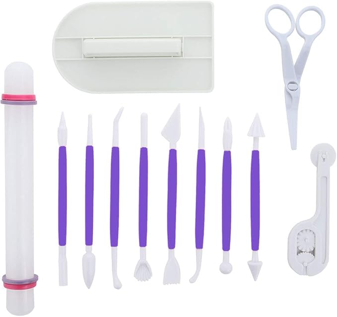 ScivoKaval Marshmallow Fondant Cake Decorating Hand Tool 12 Pcs 5 Sets Sugarcraft Gumpaste Icing Smoother Rolling Pin Trimmer Cutter Embosser Flower Scissor Modelling Accessories Supplies Kit Purple by ScivoKaval