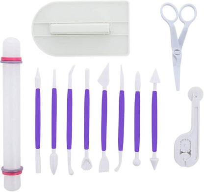 ScivoKaval Marshmallow Fondant Cake Decorating Hand Tool 12 Pcs 5 Sets Sugarcraft Gumpaste Icing Smoother Rolling Pin Trimmer Cutter Embosser Flower Scissor Modelling Accessories Supplies Kit Purple by ScivoKaval