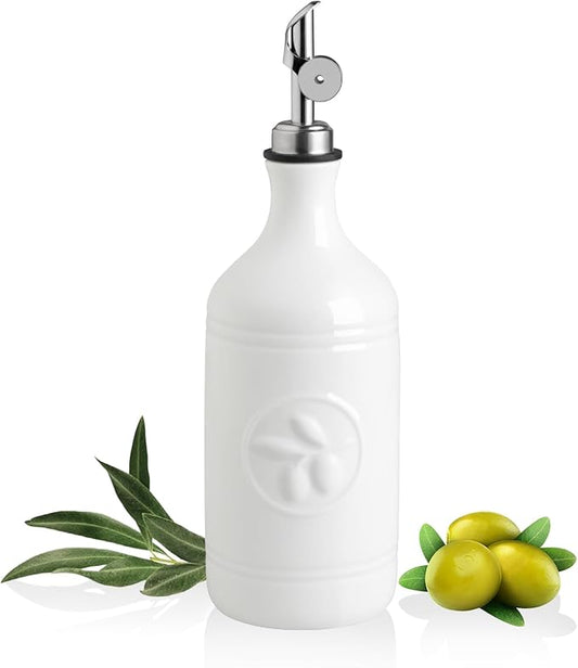 Sweejar 16 Oz Ceramic Olive Oil Dispenser Bottle, Oil Dispenser for Kitchen with Gravity Spout, Relief Opaque Oil Container for Evoo, Avocado Oil, Vinegar, Soy Sauce, 1 Pack(White, Silver Spout) by Sweejarco1949