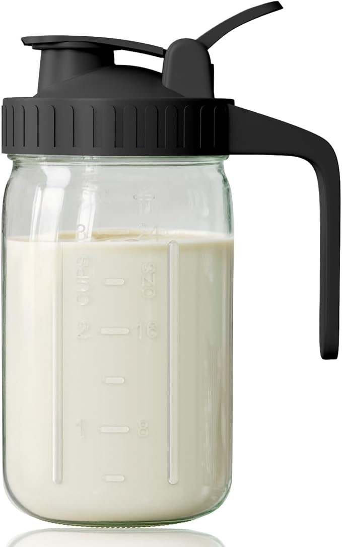 Breast Milk Pitcher, Mason Jar 32 oz, Wide Mouth Jar with Green Flip Cap Lid and Pour Spout, Heavy Duty Airtight Seal for Freshness and Convenience, Great for Cold Beverages and Home Entertaining by OneDream