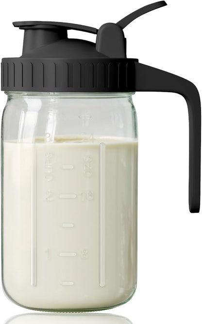 Breast Milk Pitcher, Mason Jar 32 oz, Wide Mouth Jar with Green Flip Cap Lid and Pour Spout, Heavy Duty Airtight Seal for Freshness and Convenience, Great for Cold Beverages and Home Entertaining by OneDream