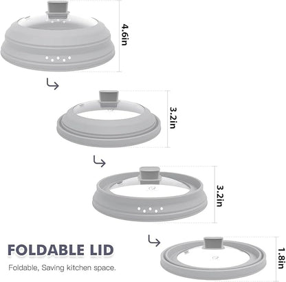 Microwave Splatter Cover Glass Cover Guard Lid with Collapsible Silicone for Food Pot Plate Cover 9.8 inch Light Grey