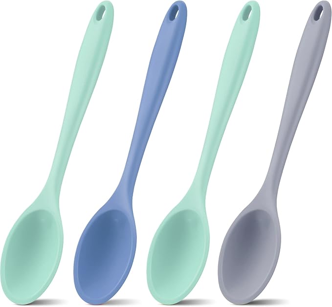 Shappy 4 Pieces Silicone Cooking Spoons 10.6 Inch Heat Resistant Kitchen Spoons for Mixing, Serving and Stirring Upgrade Large Non Stick Basting Utensils, Dishwasher Safe(Spoon,Fresh Color) by Shappy