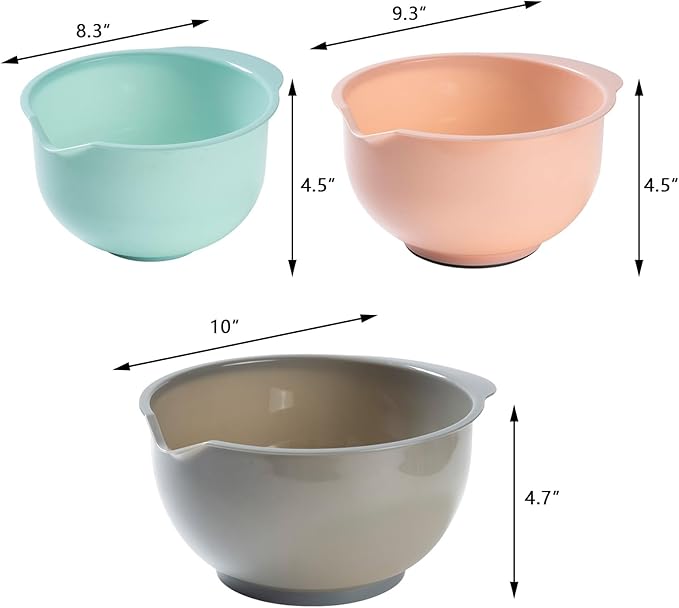 Set of 3 Mixing Bowls with Pour Spout-Nesting Design Saves Space - Non-Slip, BPA Free, Dishwasher Safe Plastic - Kitchen Cooking and Baking Supplies (Green Pink Grey) - Image 2