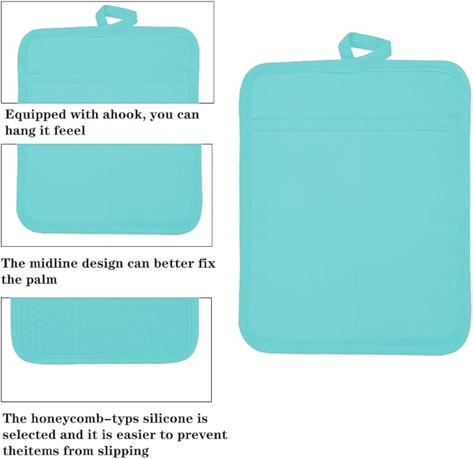 Oven Pot Holder with Pocket Cotton Heat Resistant Coaster Potholder Kitchen Hot Pad Oven Mitts for Cooking and Baking Square 7"x9" (Aqua, Silicone) - Image 3