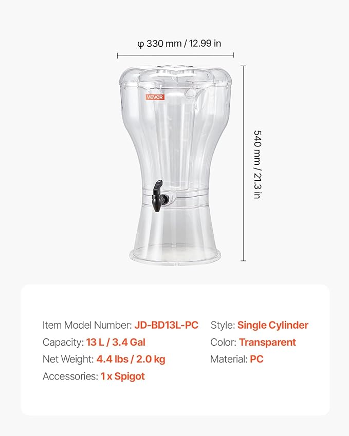 VEVOR Beverage Dispenser, 3.4 Gallon Drink Dispenser for Parties, Plastic Juice Dispensers with No-Drip Spigot, Iced Tea Lemonade Juice Water Dispensers, for Restaurants, Hotels, Parties - Image 7