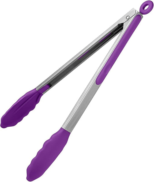 600ºF Heat Resistant Kitchen Tongs: U-Taste 12 inch Large Silicone Cooking Tong with Sturdy Non Stick Rubber Tips & Silicon Coated 18/8 Stainless Steel Handle & Smooth Locking for Serving Grill-Purple by U-Taste