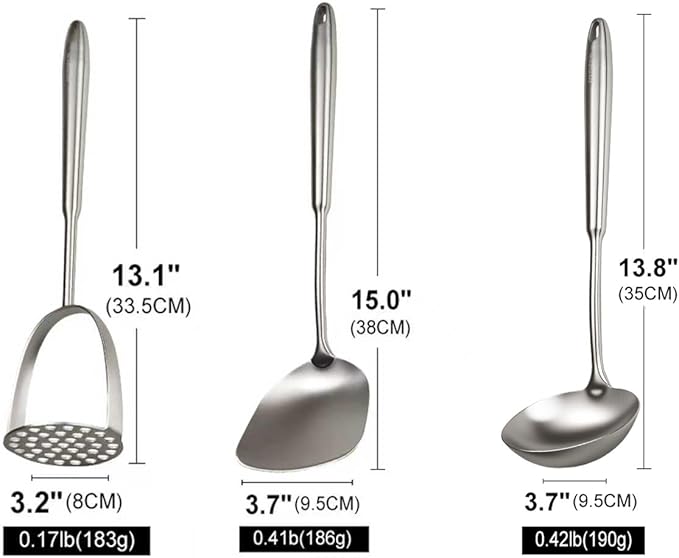 304 Professional Potato Masher, Stainless Steel Cooking Utensils Set, 3 PCS Long Large Metal Cooking Utensil Tools Set, Mirror Polished Kitchen Gadget Kitchen Tool Set, Dishwasher Safe