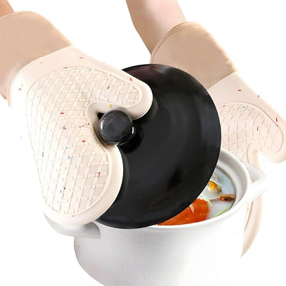 6-Piece Set Silicone Oven Mitts Cooking BBQ Gloves Non-Slip Heat Resistant Soft Cotton Lining Washable Baking Gloves Beige