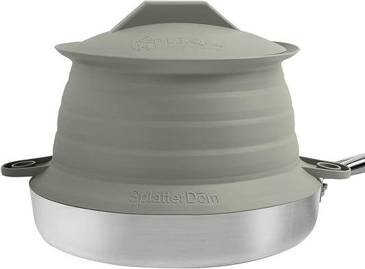 L.I.Q Silicone Splatter Guard – Fits 8 and 10 Inch Pots (20 and 25 Centimeters) – Microwave Safe and Durable SplatterDom - Includes 8” Lid - Food and Oil Splash Guard (Smoke, Small)