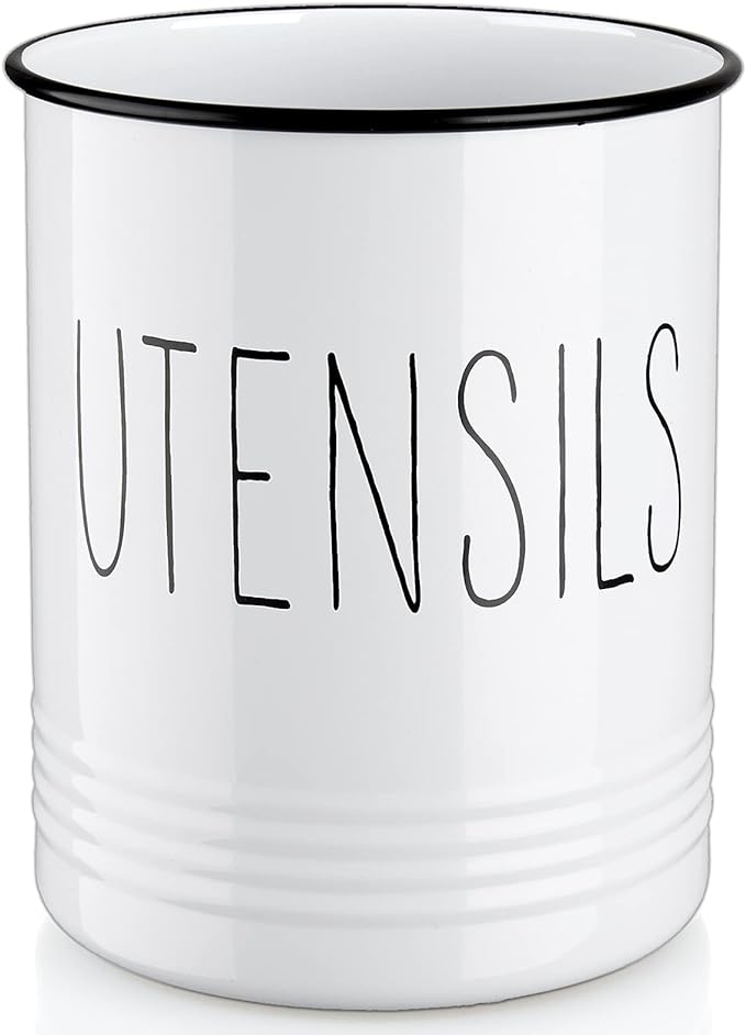 Bivvclaz Kitchen Utensil Holder, 6.7" Utensil Holder for Kitchen Counter, Cooking Utensil Crock with Cork Bottom, Modern Farmhouse Decor, Countertop Utensil Storage Caddy Organizer, White by Bivvclaz