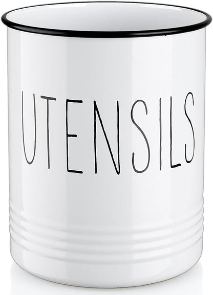 Bivvclaz Kitchen Utensil Holder, 6.7" Utensil Holder for Kitchen Counter, Cooking Utensil Crock with Cork Bottom, Modern Farmhouse Decor, Countertop Utensil Storage Caddy Organizer, White by Bivvclaz