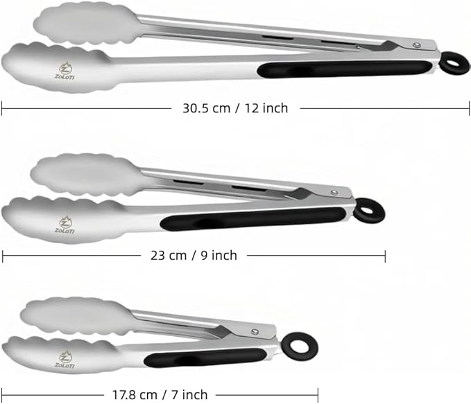 3 PCS Kitchen Tongs Set, Stainless Steel with Silicone Grips, 12, 9 & 7 Inch, Lockable Heat Resistant for Grill Camping Cooking BBQ