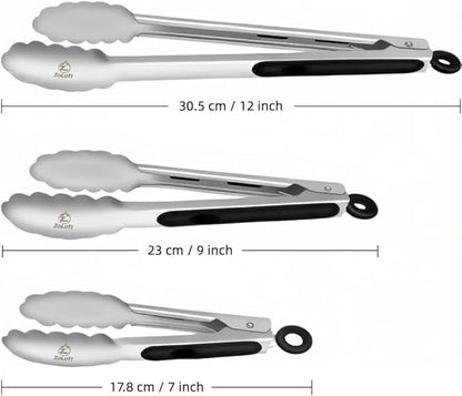 3 PCS Kitchen Tongs Set, Stainless Steel with Silicone Grips, 12, 9 & 7 Inch, Lockable Heat Resistant for Grill Camping Cooking BBQ
