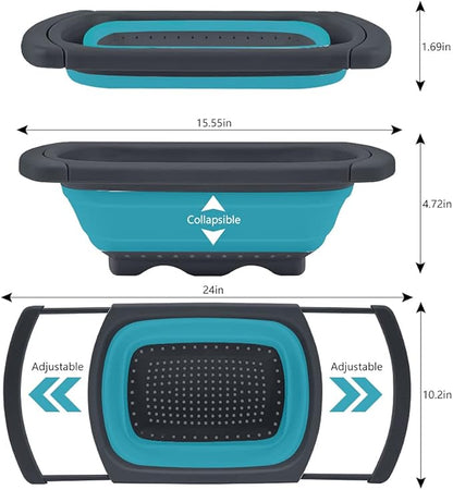 QiMH Collapsible Colanders Set of 3, 4 Quart Colander, 4 Quart Folding Basin, and 6 Quart(1.5 gal) Over the Sink Extendable Colander, Space-saving Silicone Kitchen Foldable Food Strainer