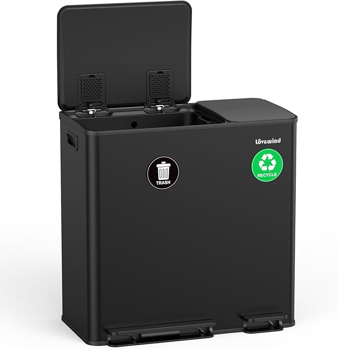 Lovewind Dual Trash Can, 14 + 6 Gallon Garbage Can for Kitchen Dual Compartment Recycling Kitchen Step Trash Bin, Stainless Steel Trash and Recycle Bin Combo with Soft-Close Lid, Black by LOVEWIND