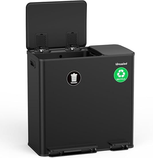 Lovewind Dual Trash Can, 14 + 6 Gallon Garbage Can for Kitchen Dual Compartment Recycling Kitchen Step Trash Bin, Stainless Steel Trash and Recycle Bin Combo with Soft-Close Lid, Black by LOVEWIND