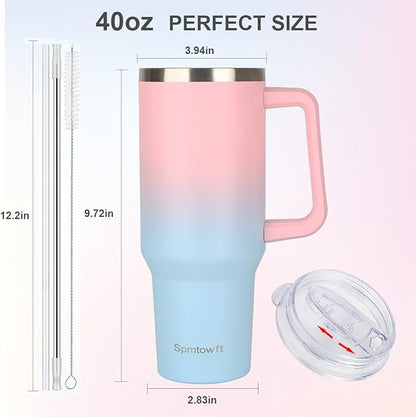 40oz Stainless Steel Double Vacuum Tumbler with Handle, Straw Lid, Carrier Bag, Purse Pouch Phone Pocket, Gym Water Bottle Travel Mug and Sleeve Holder for Men Women (Leopard Print Black)