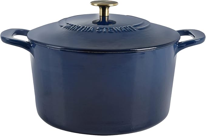 MARTHA STEWART Gatwick 7-Quart Enamel Cast Iron Dutch Oven Pot with Lid – Navy Blue with Gold Knob – Durable Heavy-Duty Dutch Oven for Slow Cooking & Braising by MarthaStewart