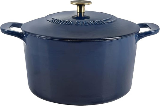 MARTHA STEWART Gatwick 7-Quart Enamel Cast Iron Dutch Oven Pot with Lid – Navy Blue with Gold Knob – Durable Heavy-Duty Dutch Oven for Slow Cooking & Braising by MarthaStewart