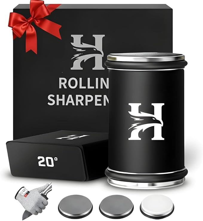 High Carbon Stainless Steel Rolling Knife Sharpener with 400, 1000 & 3000 Replacement Discs - Blunt Knife Sharpening Kit with 15 and 20 Degree Sharpening for Kitchen & Chef's Knives (BLACK) by HIBWA