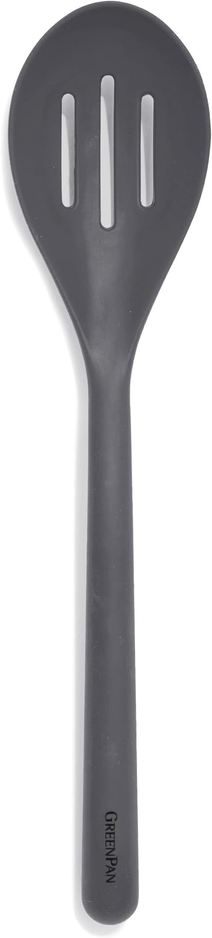 GreenPan Silicone Slotted Spoon, Cooking Kitchen Utensil, Mixing Stirring Serving, Flexible Rubber Nonstick Cookware, Rigid Steel Core Heat-Resistant, Anti-Slip Handle, BPA-Free, Dishwasher Safe, Gray