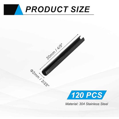 MECCANIXITY 120Pcs Slotted Split Roll Pins 2/25 Inch(2mm) Dia. 4/5 Inch(20mm) Length Steel Spring Tension Expansion Dowels for Secure Fastening, Black