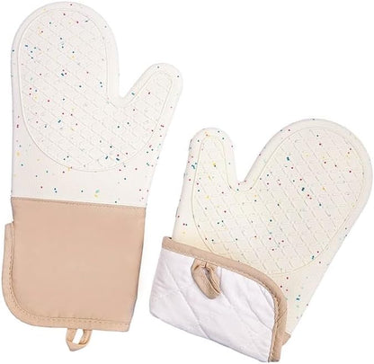 6-Piece Set Silicone Oven Mitts Cooking BBQ Gloves Non-Slip Heat Resistant Soft Cotton Lining Washable Baking Gloves Beige
