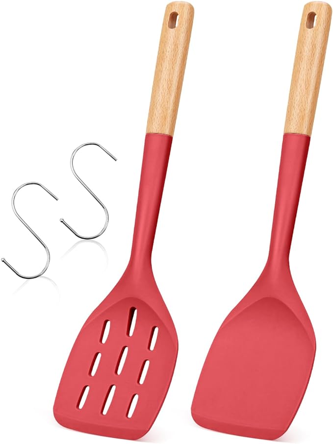 Pack of 2 Silicone Spatula, Non Stick Cooking Utensil Set Wooden Handle Kitchen Turner for Baking Mixing Grilling Serving Food Heat Resistant Non Scratch Hooks Included (Red) by BADIANO