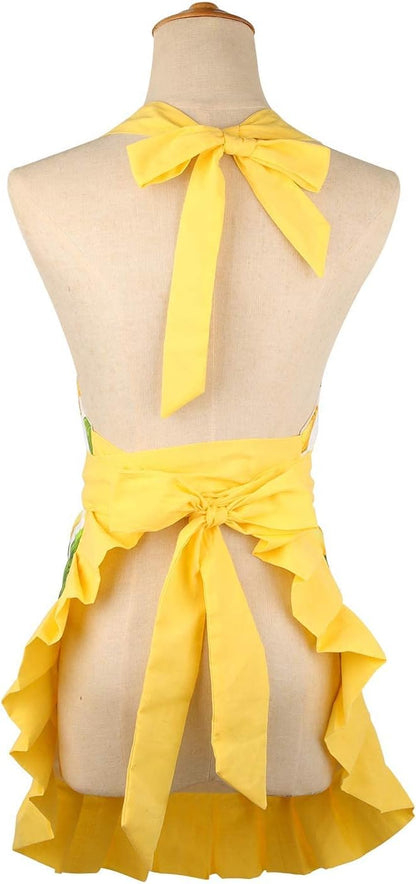 G2PLUS Thick Lemon Cotton Apron, Kitchen Apron for Women, Adjustable Cooking Apron with Pocket for Baking, Garden, Christmas