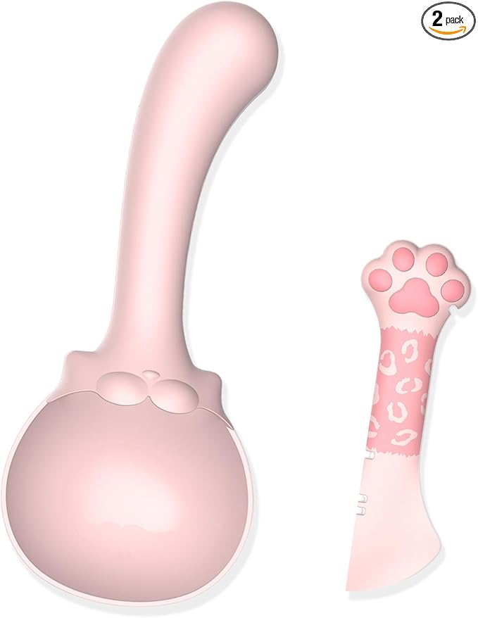 Multifunctional Pet Food Scoop and Spatula Set Pet Dry Food Scooper + Cat Wet Can Spoon Mesuring Cup with Sealing Clip for Containers for Dogs Cats Birds and Rabbits Feeding Diswhasher Safe- Pink