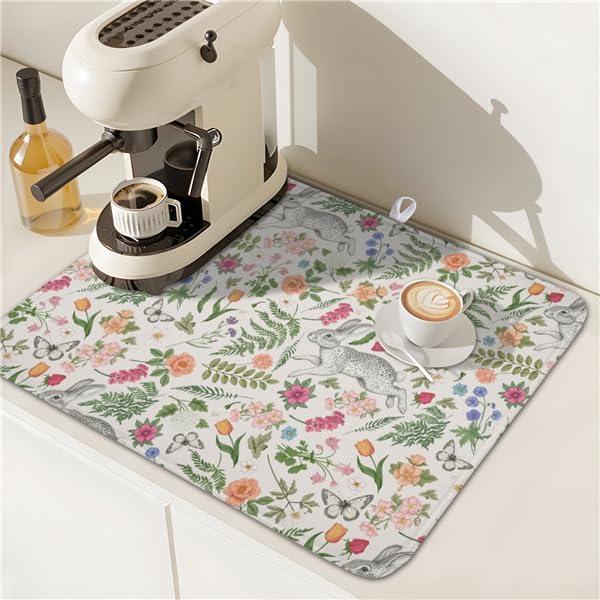 Easter Bunny Dish Drying Mat for Kitchen Counter,Colorful Flowers Sage Green Leaves Vintage Botanical Plants Drying Mat 16 x 18 Inch with Absorbent Reversible Microfiber Drying Pad for Coffee Bar - Image 6