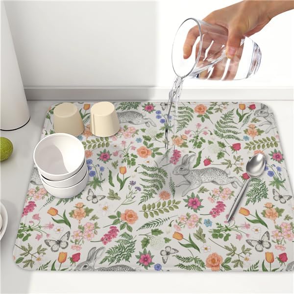 Easter Bunny Dish Drying Mat for Kitchen Counter,Colorful Flowers Sage Green Leaves Vintage Botanical Plants Drying Mat 16 x 18 Inch with Absorbent Reversible Microfiber Drying Pad for Coffee Bar - Image 5